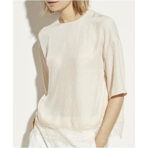Vince Lace Trim Tee in Pale Adler Large 3/4 Sleeves Round Neck - Picture 2 of 11